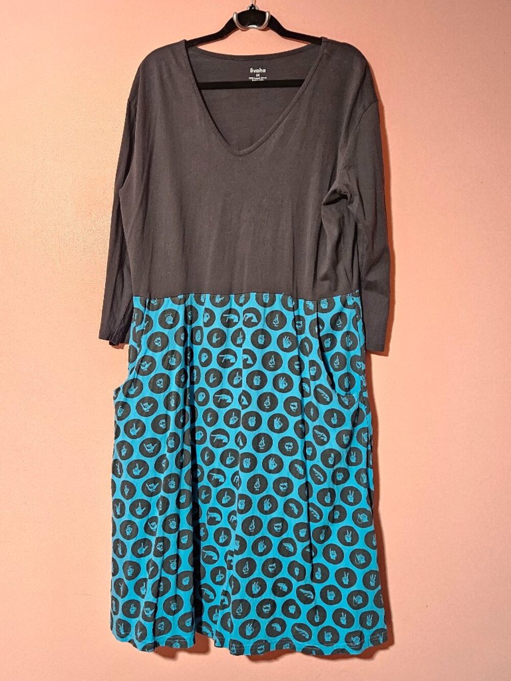 Svaha ASL American Sign Language 3/4 Sleeve V-Neck Midi Dress Pockets Gray Blue